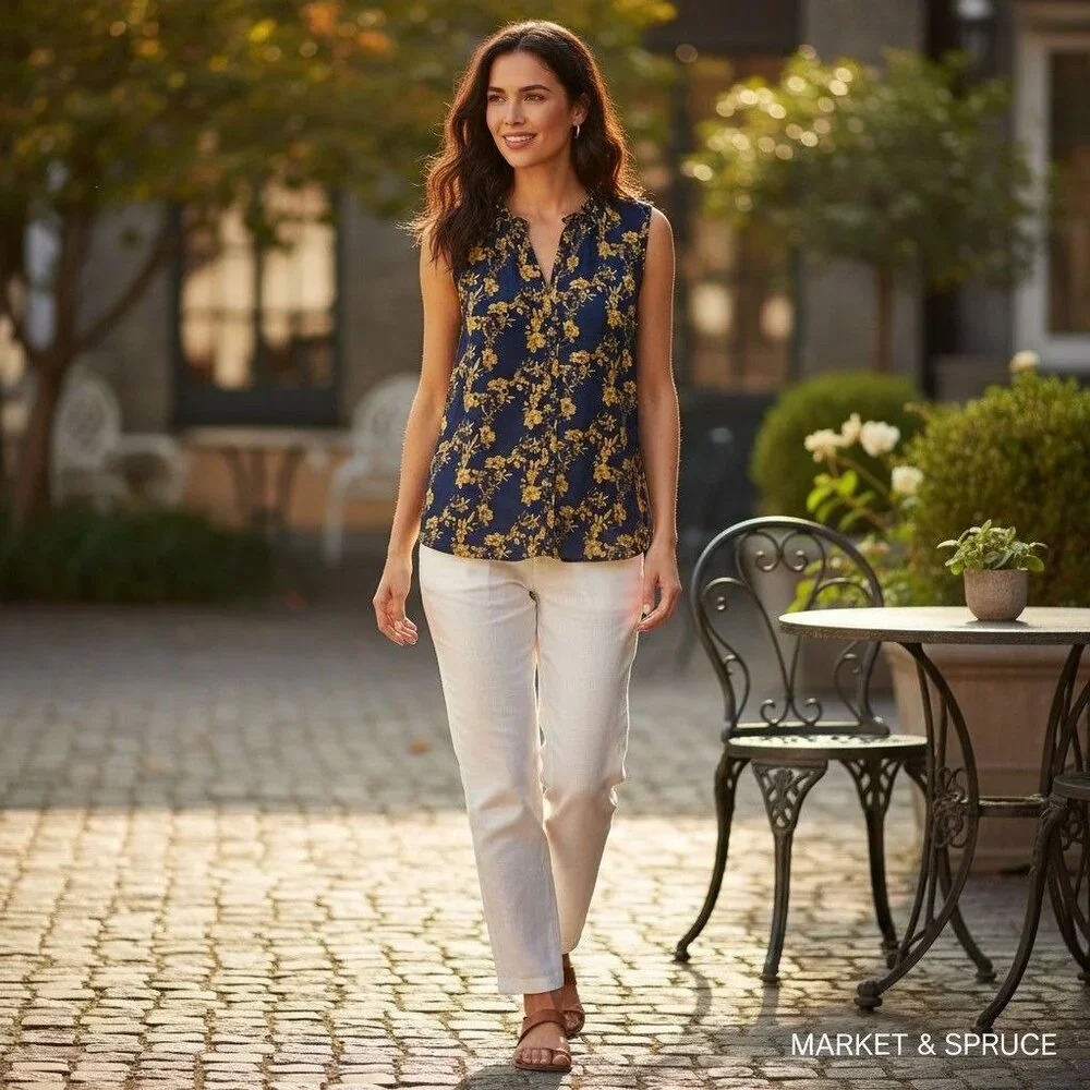 Market & Spruce Floral Sleeveless Ruffle Blouse Navy & Yellow Womens Large - Picture 5 of 14